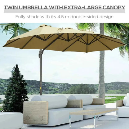 Beige twin umbrella with extra-large canopy and dark brown metal frame from outsunny 4.5m double-sided parasol
