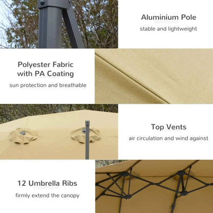 Beige polyester fabric patio umbrella with aluminum pole and 12 ribs in outsunny 4.5m double-sided parasol with crank handle