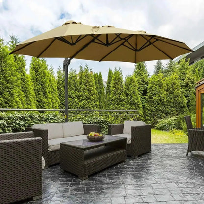 Beige outsunny 4.5m double-sided parasol with dark metal frame crank handle and 360 degree base in khaki