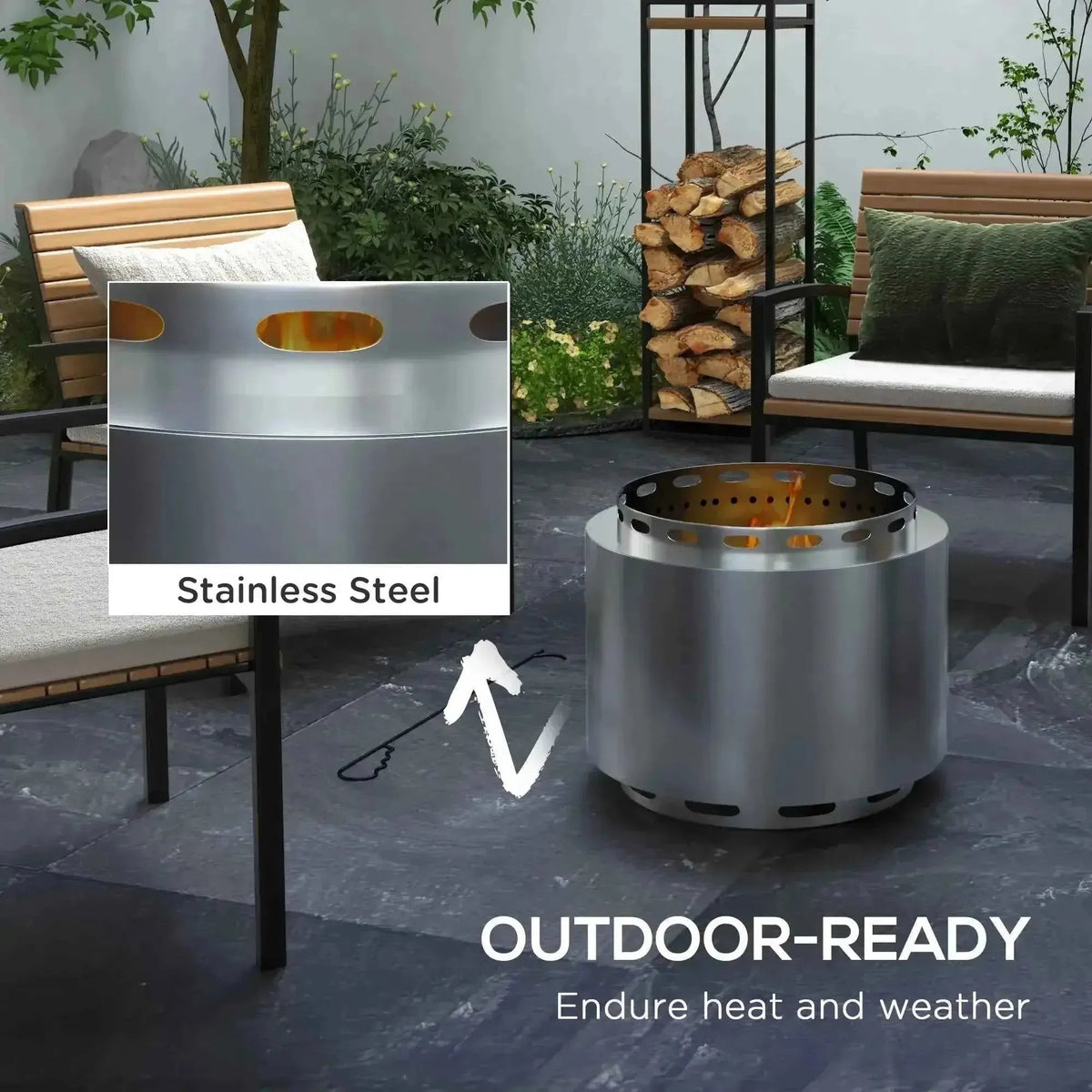 Outsunny 48.5cm smokeless stainless steel silver outdoor fire pit with cylindrical sleek design and perforated top ventilation