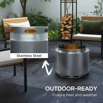 Outsunny 48.5cm smokeless stainless steel silver outdoor fire pit with cylindrical sleek design and perforated top ventilation