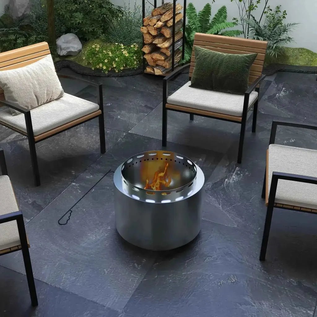 Outsunny 48.5cm silver smokeless stainless steel fire pit with perforated top and visible flames inside