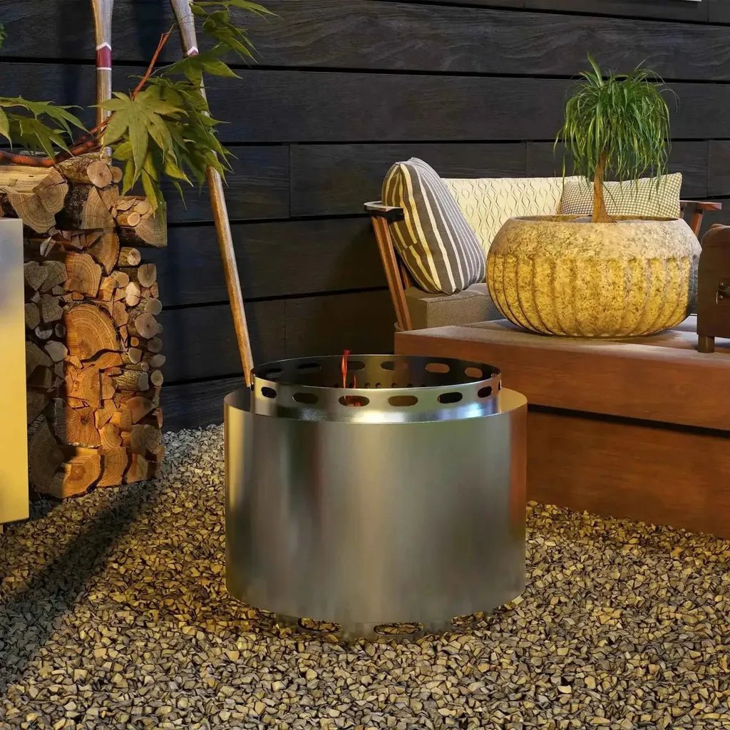 Silver outsunny 48.5cm smokeless stainless steel fire pit with perforated top and visible flame inside