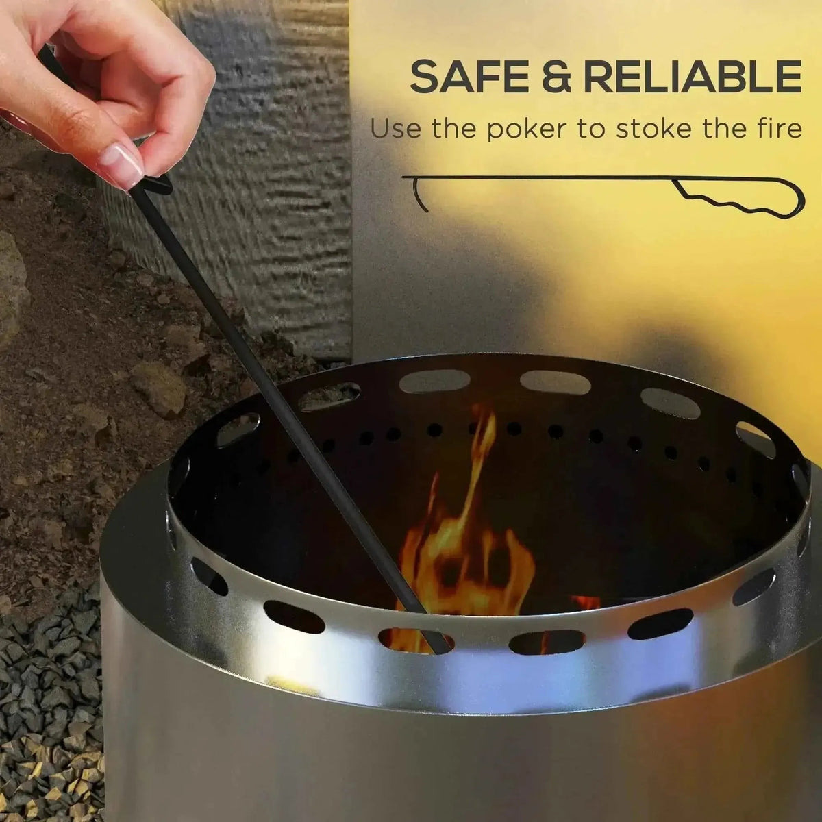 Black metal fire poker with handle used to stoke flames in silver stainless steel outsunny smokeless fire pit ring
