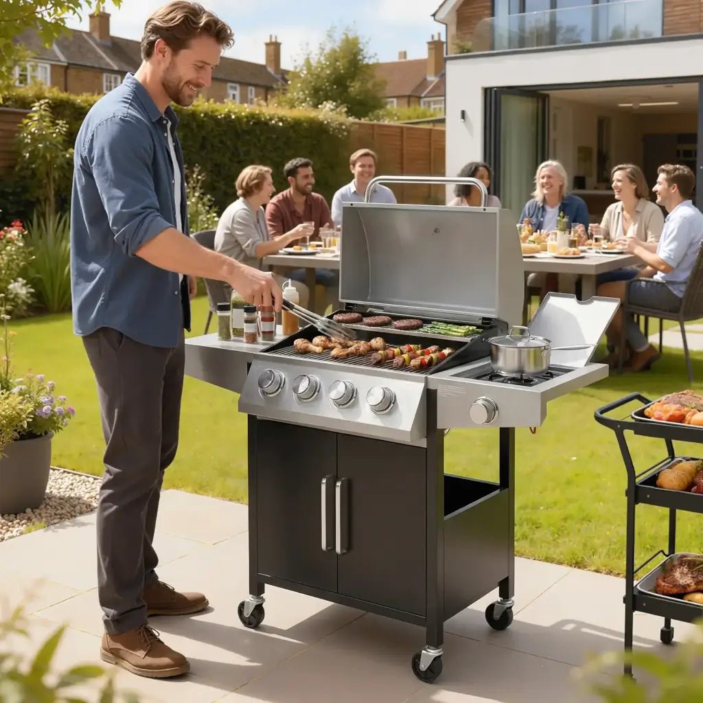 Outsunny 4‑Burner Gas BBQ Grill with Side Burner & Storage - Silver | 846‑102V70SR - BBQs & Grills