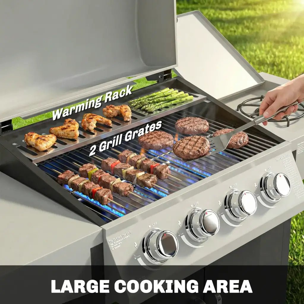 Outsunny 4‑Burner Gas BBQ Grill with Side Burner & Storage - Silver | 846‑102V70SR - BBQs & Grills