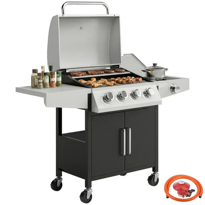 Outsunny 4‑Burner Gas BBQ Grill with Side Burner & Storage - Silver | 846‑102V70SR - BBQs & Grills