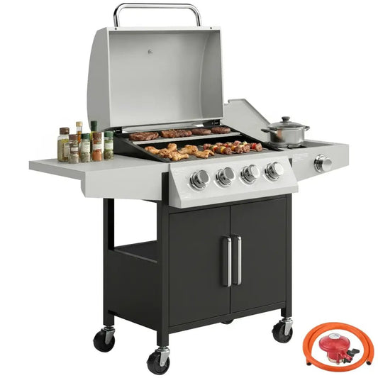 Outsunny 4‑Burner Gas BBQ Grill with Side Burner & Storage - Silver | 846‑102V70SR - BBQs & Grills
