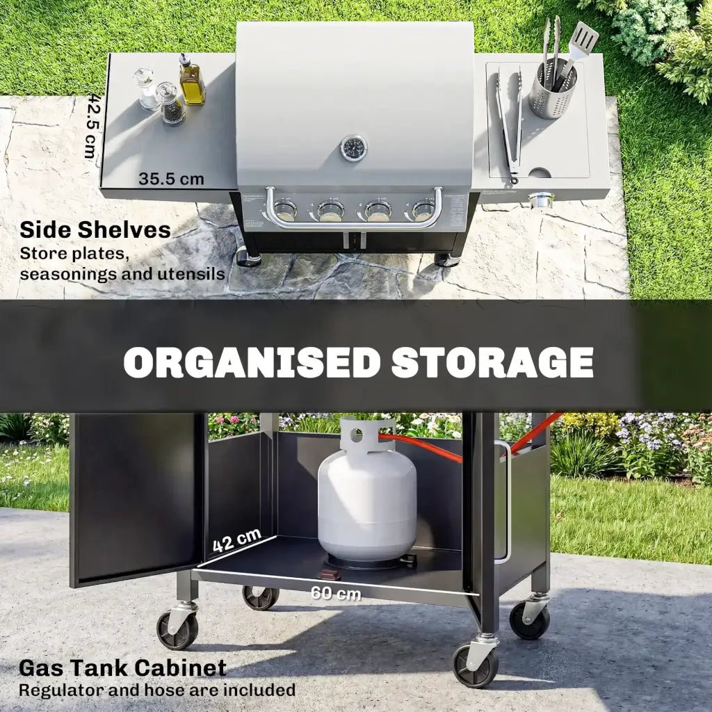 Outsunny 4‑Burner Gas BBQ Grill with Side Burner & Storage - Silver | 846‑102V70SR - BBQs & Grills