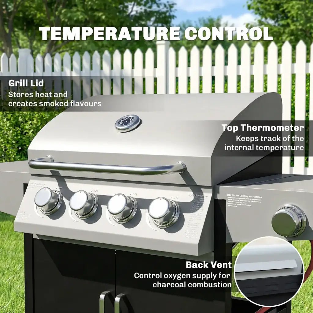 Outsunny 4‑Burner Gas BBQ Grill with Side Burner & Storage - Silver | 846‑102V70SR - BBQs & Grills