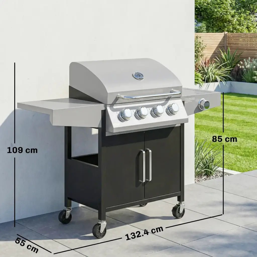Outsunny 4‑Burner Gas BBQ Grill with Side Burner & Storage - Silver | 846‑102V70SR - BBQs & Grills