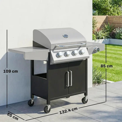 Outsunny 4‑Burner Gas BBQ Grill with Side Burner & Storage - Silver | 846‑102V70SR - BBQs & Grills