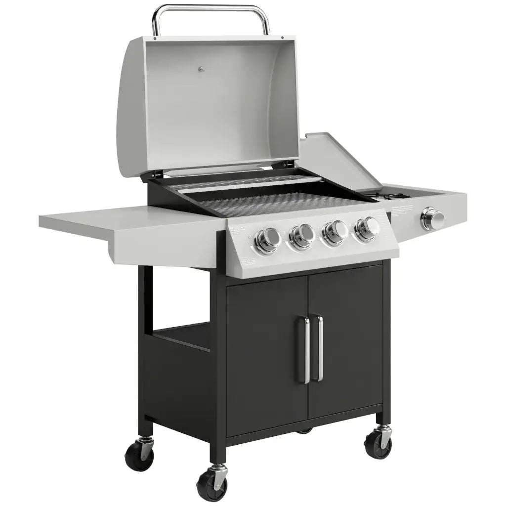 Outsunny 4‑Burner Gas BBQ Grill with Side Burner & Storage - Silver | 846‑102V70SR - BBQs & Grills