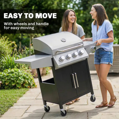 Outsunny 4‑Burner Gas BBQ Grill with Side Burner & Storage - Silver | 846‑102V70SR - BBQs & Grills