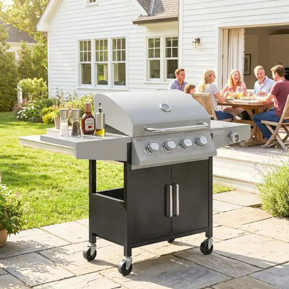 Outsunny 4‑Burner Gas BBQ Grill with Side Burner & Storage - Silver | 846‑102V70SR - BBQs & Grills