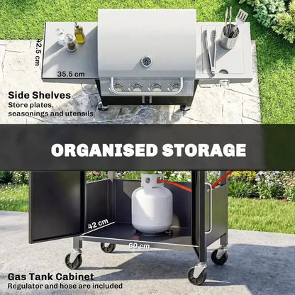 Outsunny 4‑Burner Gas BBQ Grill with Side Burner & Storage - Silver | 846‑102V70SR - BBQs & Grills