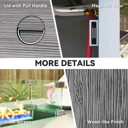 Outsunny 50,000 btu gas fire pit table in grey wood-like finish with magnetic door glass screen and pull handle lid