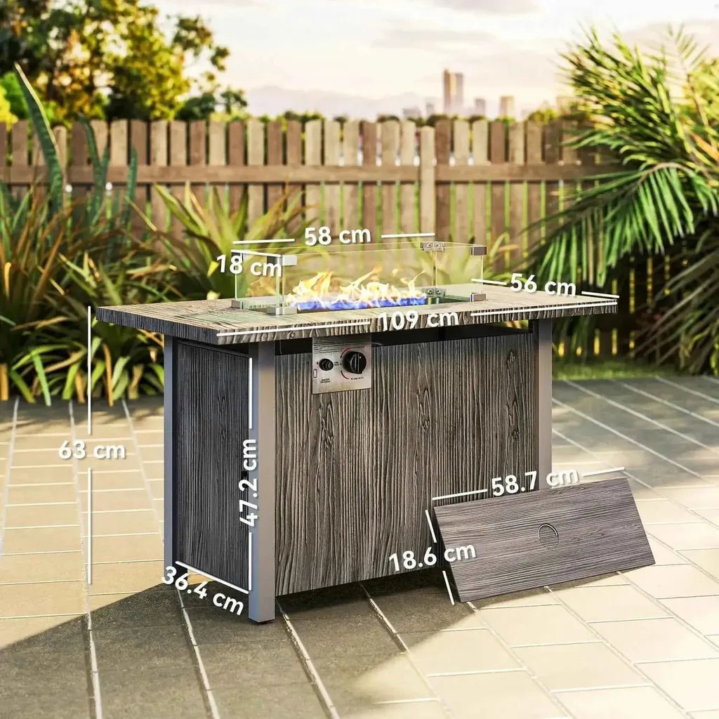 Outsunny 50,000 btu grey gas fire pit table with dark gray wood grain, glass top, flame display, cover, and glass screen