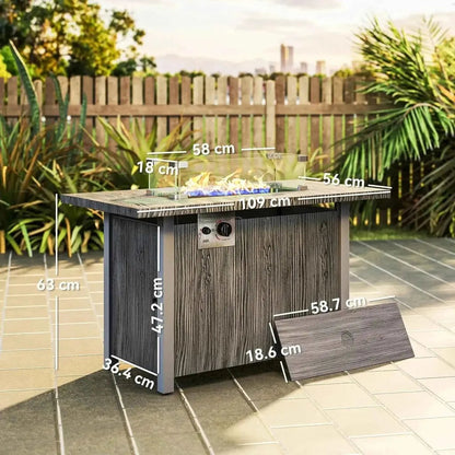 Outsunny 50,000 btu grey gas fire pit table with dark gray wood grain, glass top, flame display, cover, and glass screen