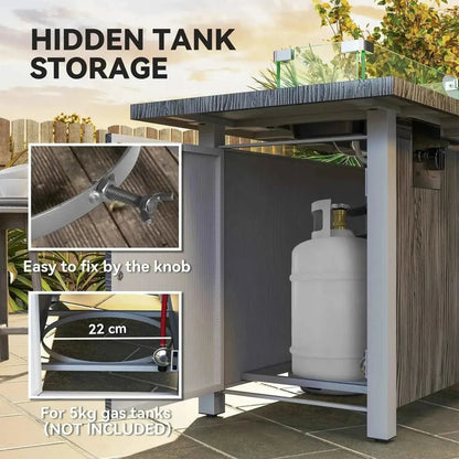 Gray metal outdoor gas grill cart with hidden tank storage next to outsunny 50,000 btu gas fire pit table gray