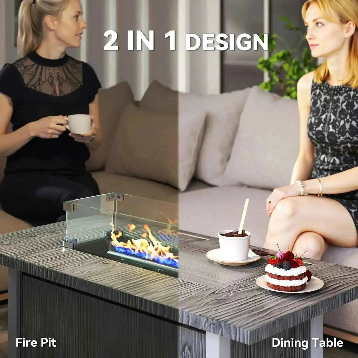 Outsunny 50,000 BTU grey gas fire pit table with glass enclosure and sleek minimalist design featuring blue flames