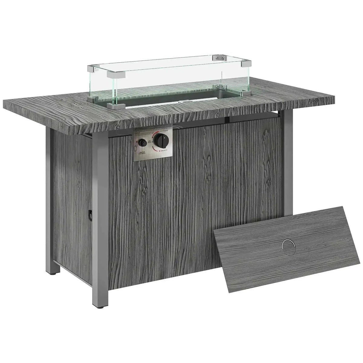 Gray wood-grain outsunny 50,000 btu gas fire pit table with glass enclosure and stainless steel control panel