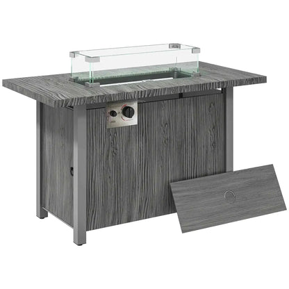 Gray wood-grain outsunny 50,000 btu gas fire pit table with glass enclosure and stainless steel control panel