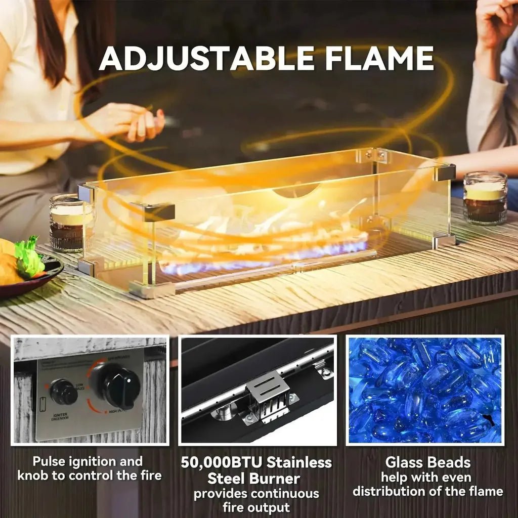 Outsunny grey rectangular glass fire pit table with 50000 btu adjustable flame and blue glass beads for even heat distribution