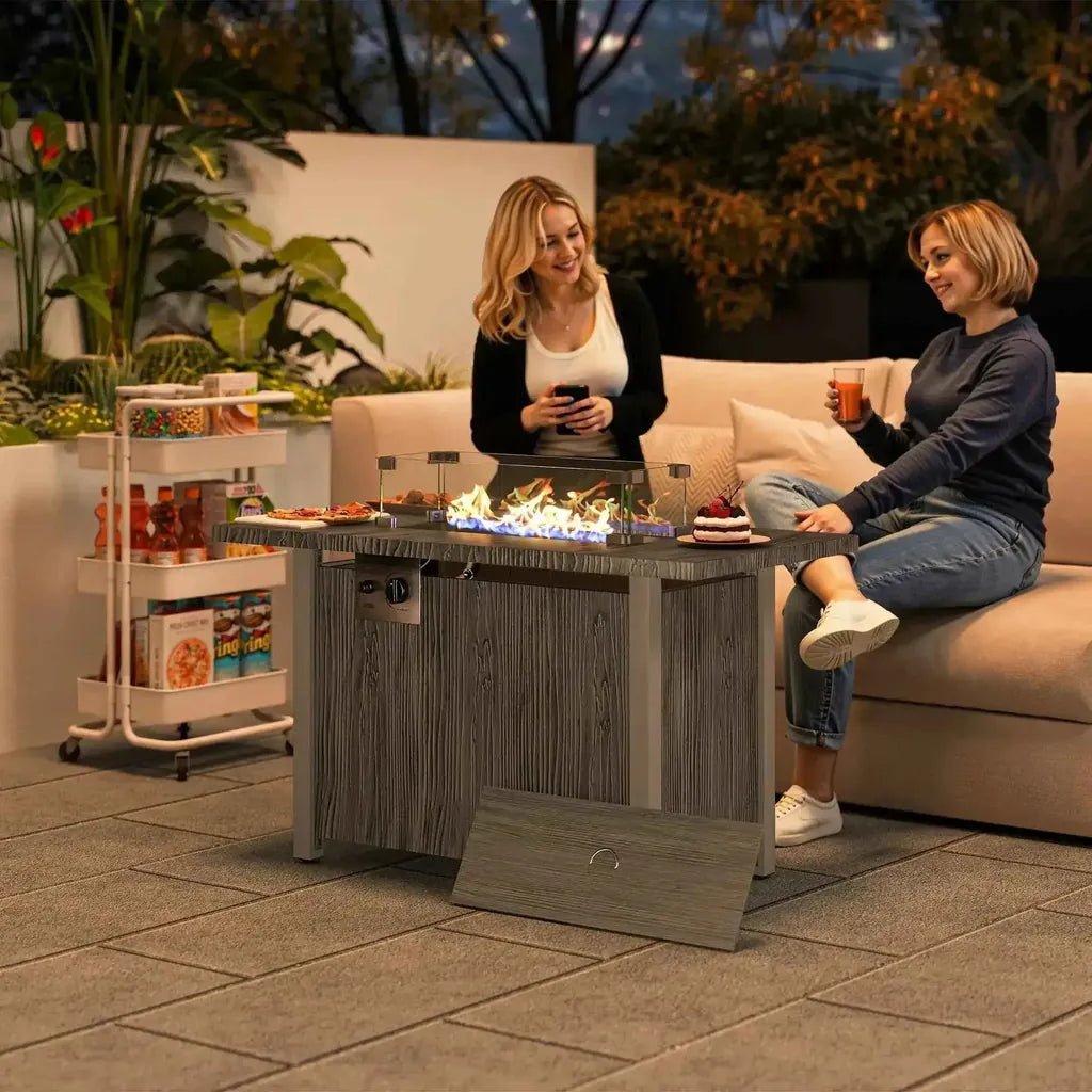 Outsunny gray wood-grain outdoor fire pit table with glass top and built-in 50000 BTU gas burner for patio use