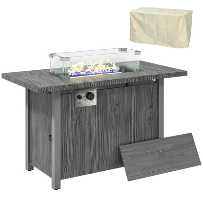 Outsunny 50,000 btu gas fire pit table in gray wood-grain with glass-enclosed flame and stainless steel control panel