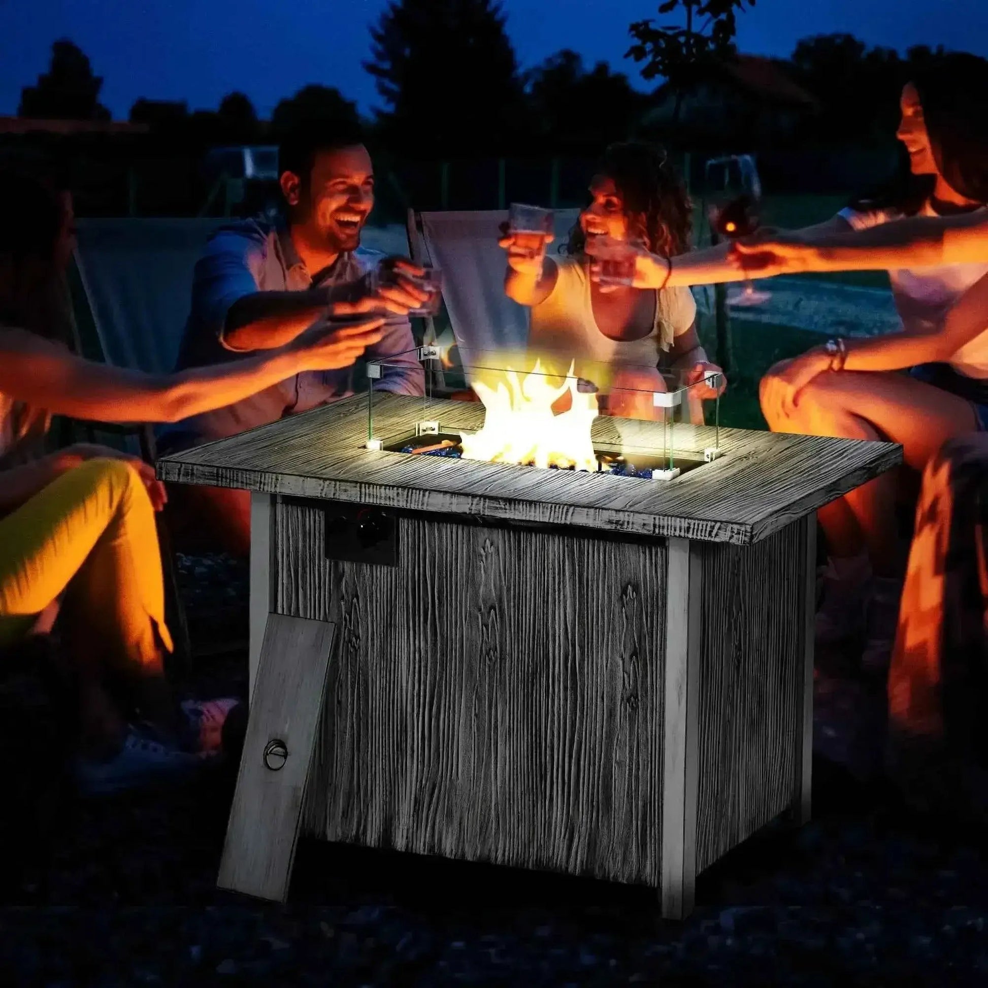 Gray wood-textured outsunny gas fire pit table with 50,000 btu flame feature and glass enclosure for outdoor use