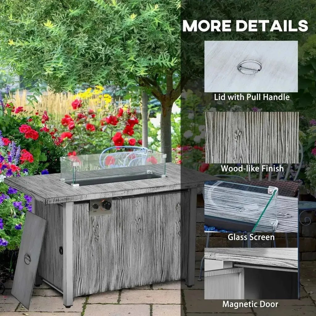 Outsunny 50,000 BTU grey gas fire pit table with gray wood finish, glass screen, magnetic door, and protective cover