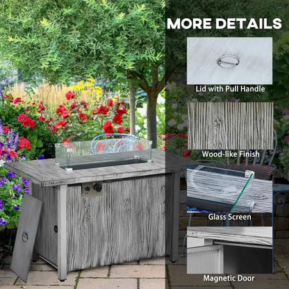 Outsunny 50,000 BTU grey gas fire pit table with gray wood finish, glass screen, magnetic door, and protective cover