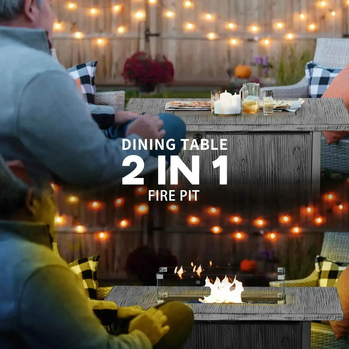 Gray wood grain dining table with integrated 50000 btu gas fire pit and glass screen by outsunny
