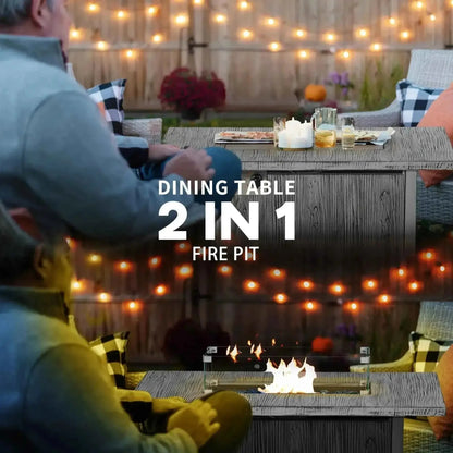 Gray wood grain dining table with integrated 50000 btu gas fire pit and glass screen by outsunny