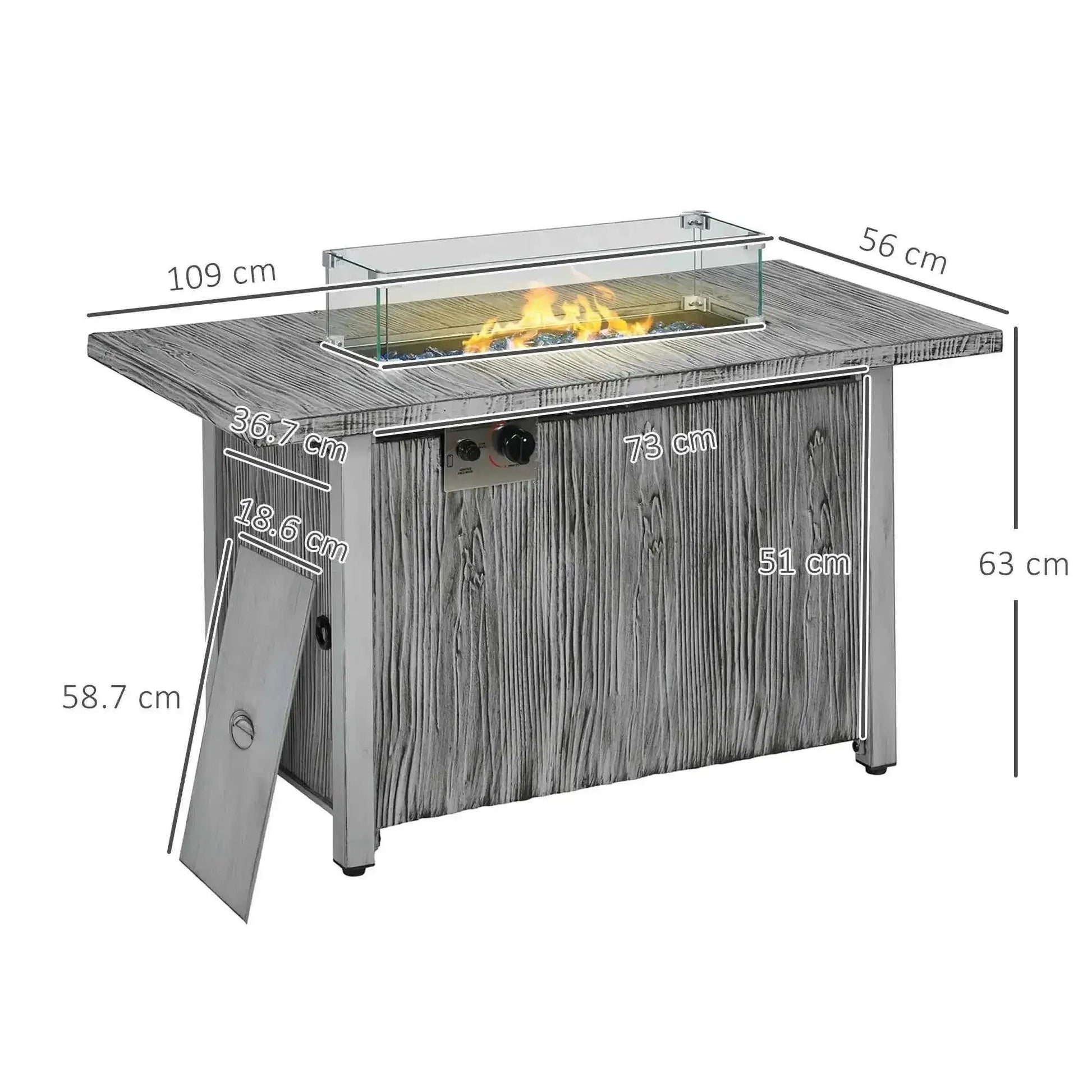 Outsunny gray wood-grain outdoor fire table with glass-enclosed 50,000 BTU gas flame and protective cover