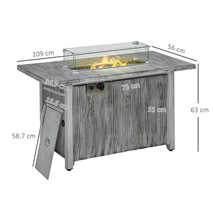 Outsunny gray wood-grain outdoor fire table with glass-enclosed 50,000 BTU gas flame and protective cover