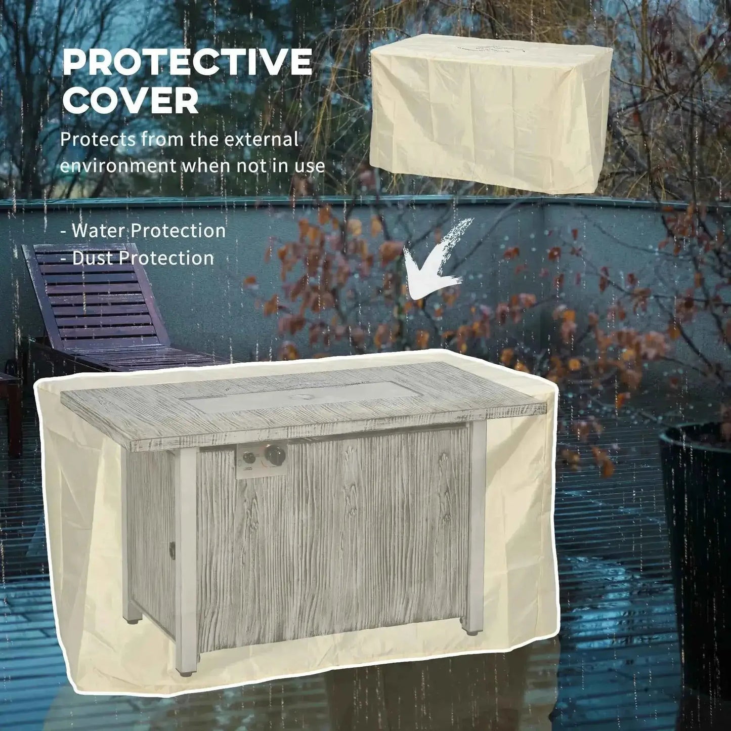 Beige protective cover for outsunny 50,000 btu gas fire pit table designed for outdoor use with glass screen