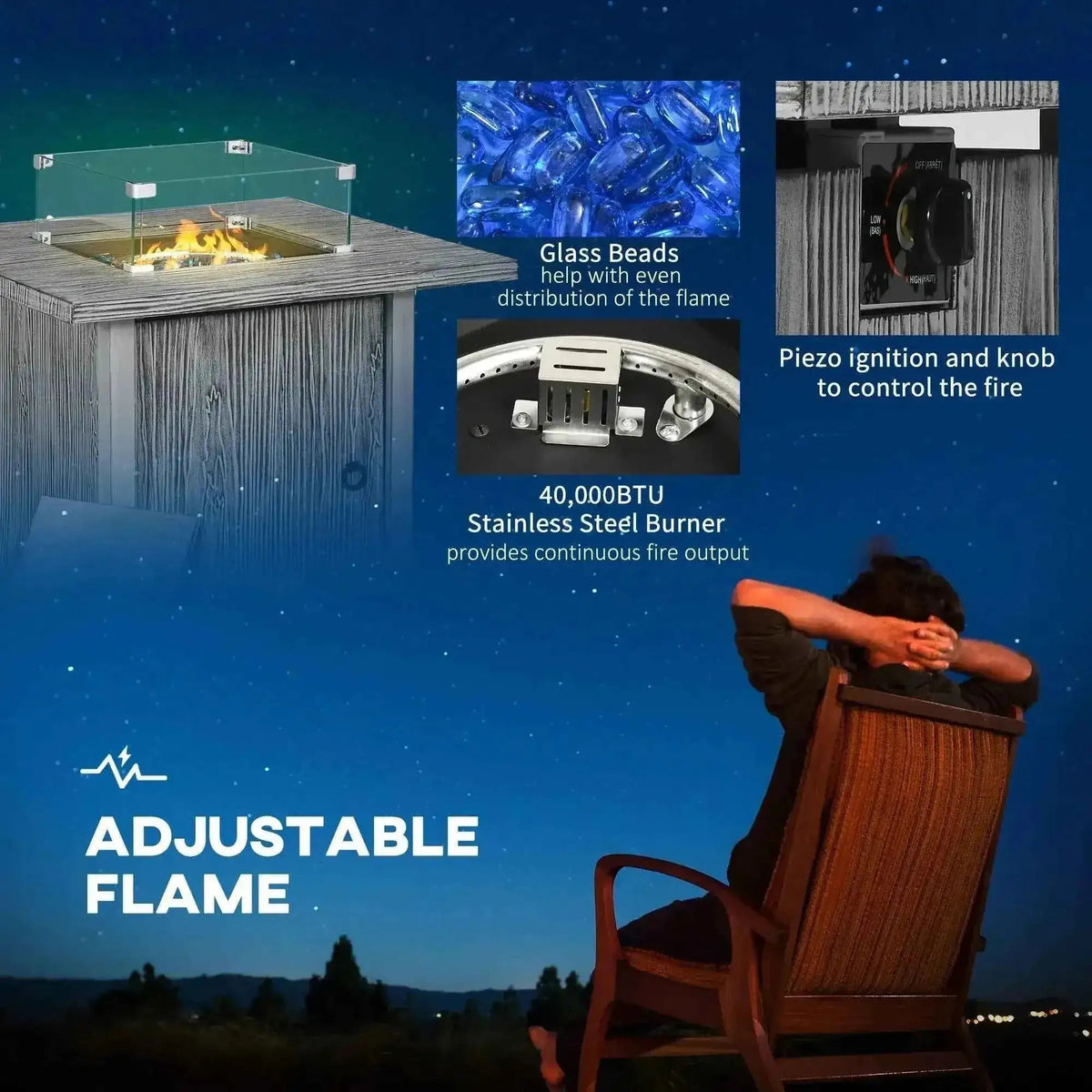 Outsunny 50,000 btu gas fire pit table in grey with wooden-textured base, clear glass top, and blue glass beads inside
