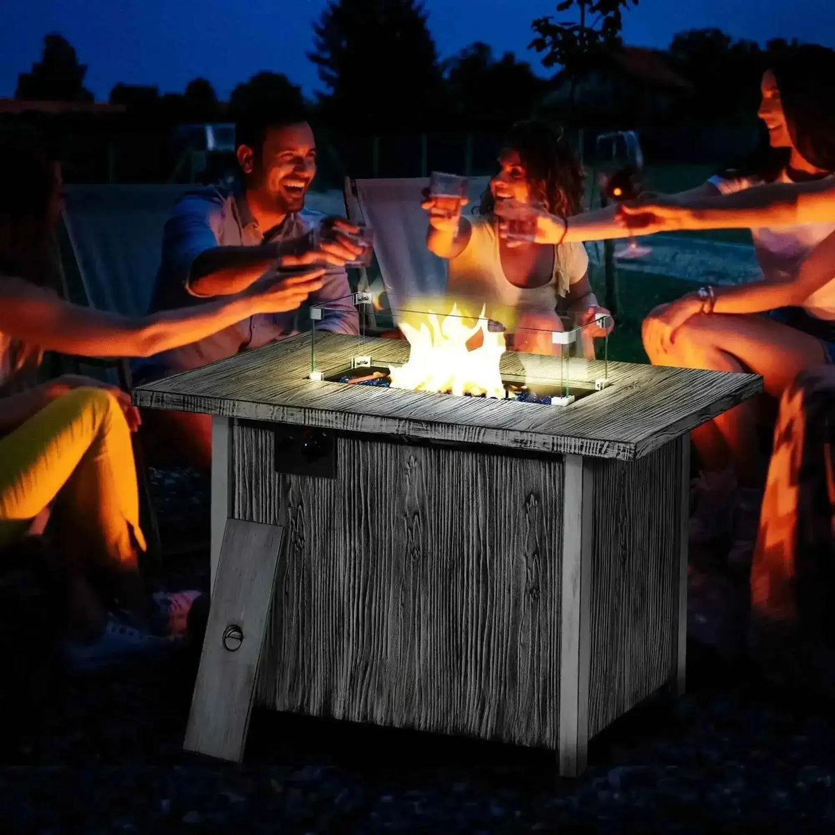 Outsunny grey wood-grain gas fire pit table with glass top and glowing flame center for outdoor use