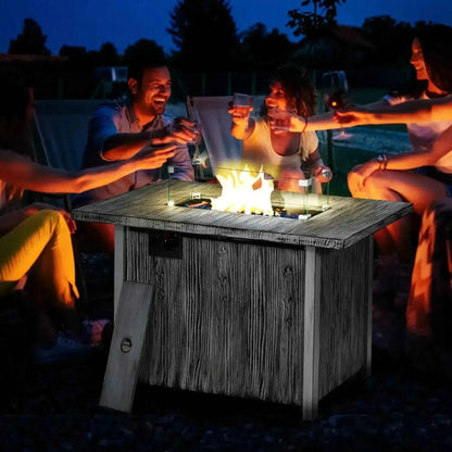 Outsunny grey wood-grain gas fire pit table with glass top and glowing flame center for outdoor use