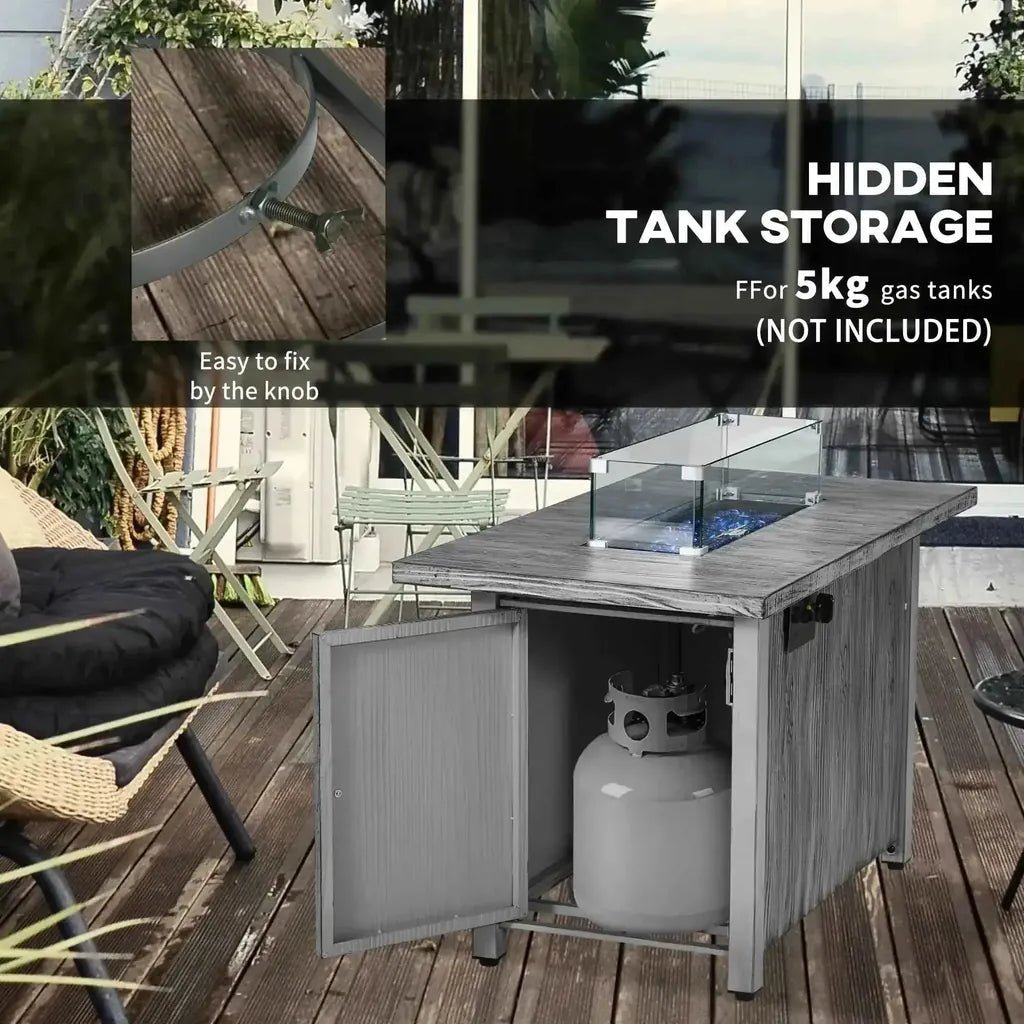 Gray wooden-textured outsunny 50,000 BTU gas fire pit table with glass screen and hidden tank storage compartment