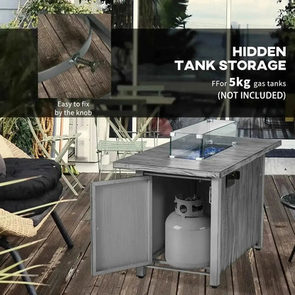 Gray wooden-textured outsunny 50,000 BTU gas fire pit table with glass screen and hidden tank storage compartment