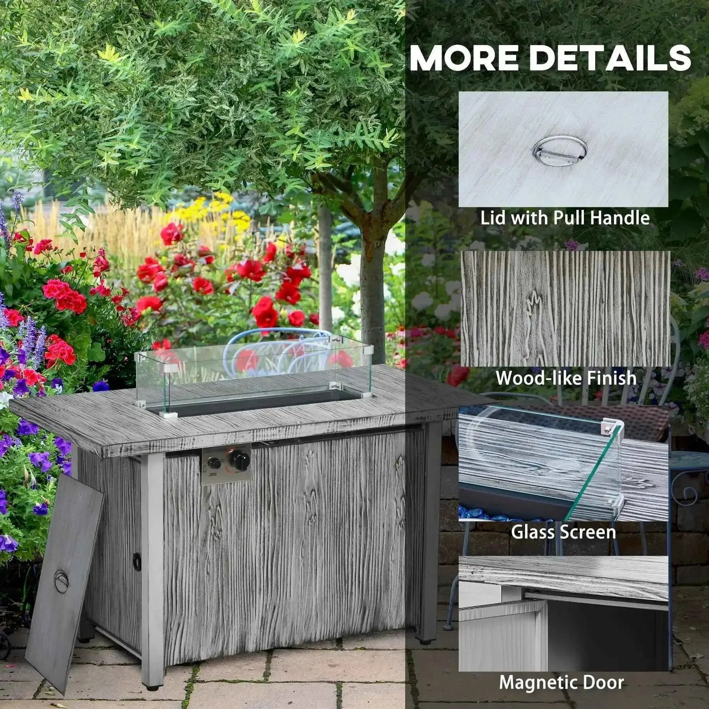 Outsunny 50,000 BTU outdoor gas fire pit table with gray wood-like finish, glass screen, and magnetic door