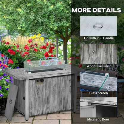 Outsunny 50,000 BTU outdoor gas fire pit table with gray wood-like finish, glass screen, and magnetic door