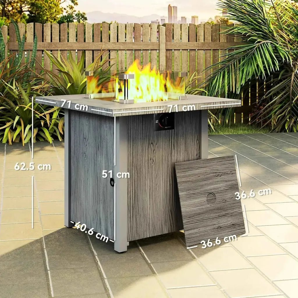 Outsunny 50,000 btu dark grey gas fire pit table with gray wood-grain square top and glass-enclosed flame for outdoor use