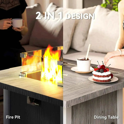 Outsunny 50,000 BTU gas fire pit table with glass enclosure wood grain finish and dark grey metal frame
