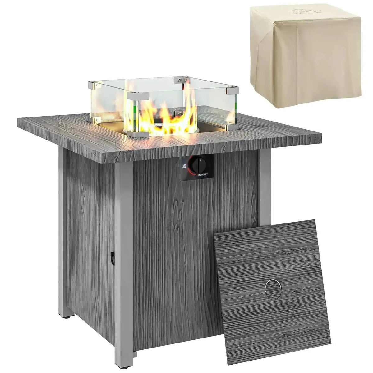 Gray wood-grain outdoor fire pit table with glass enclosure and flame outsunny 50,000 btu gas fire pit table dark grey