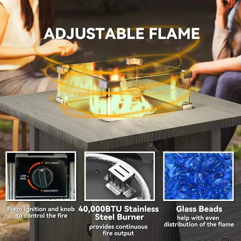 Outsunny 50,000 BTU dark grey gas fire pit table with glass top, adjustable flame, stainless steel burner, and blue glass beads