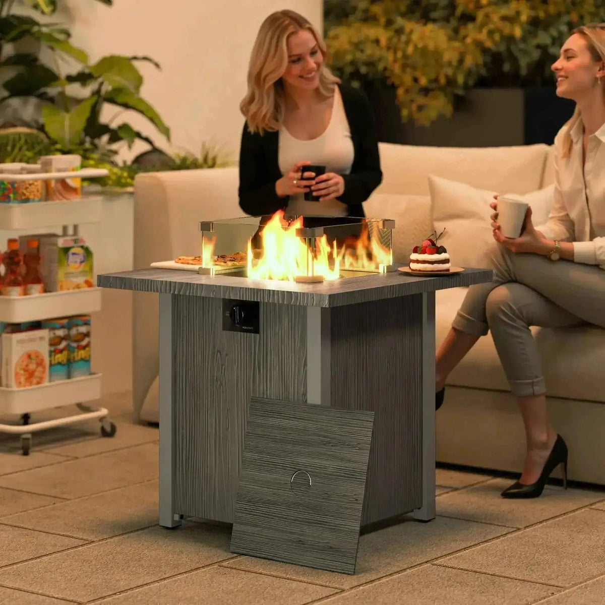 Outsunny 50,000 BTU dark grey gas fire pit table with gray wood grain, glass-top flame feature, and side storage compartment